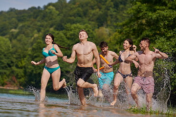 Image showing group of happy friends having fun on river