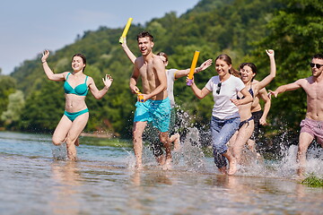 Image showing group of happy friends having fun on river