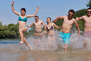 Image showing group of happy friends having fun on river