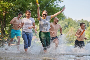 Image showing group of happy friends having fun on river