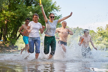 Image showing group of happy friends having fun on river