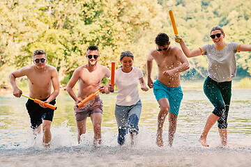 Image showing group of happy friends having fun on river