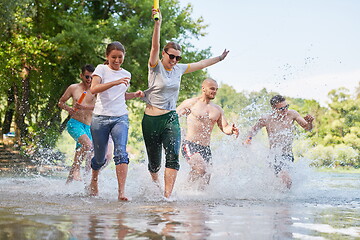 Image showing group of happy friends having fun on river