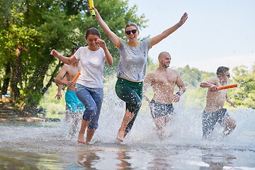 Image showing group of happy friends having fun on river