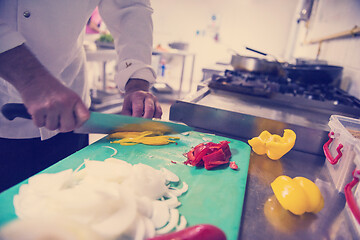 Image showing Chef hands cutting fresh and delicious vegetables