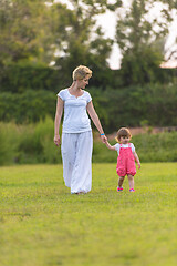 Image showing mother and little daughter playing at backyard