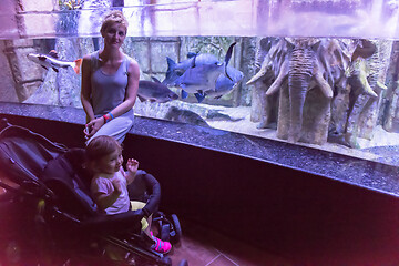 Image showing happy family  in the underwater aquarium