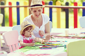 Image showing mom and little daughter drawing a colorful pictures