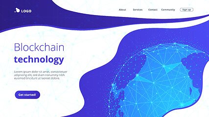 Image showing Blockchain technology futuristic hud banner with world globe.