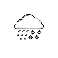 Image showing Cloud with snow and rain hand drawn outline doodle icon.