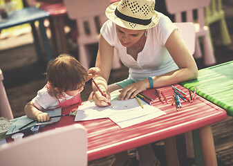 Image showing mom and little daughter drawing a colorful pictures