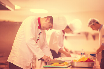 Image showing Chef cutting fresh and delicious vegetables