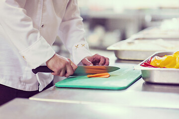Image showing Chef hands cutting fresh and delicious vegetables