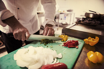 Image showing Chef hands cutting fresh and delicious vegetables