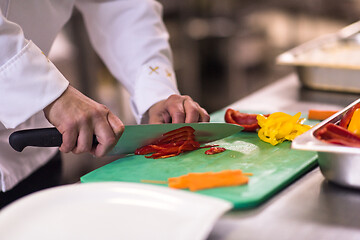 Image showing Chef hands cutting fresh and delicious vegetables