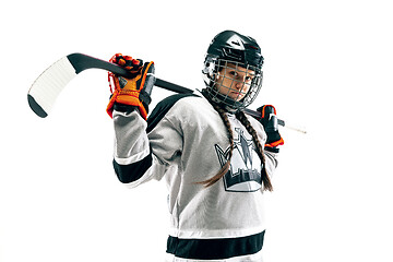 Image showing Young female hockey player with the stick isolated on white background