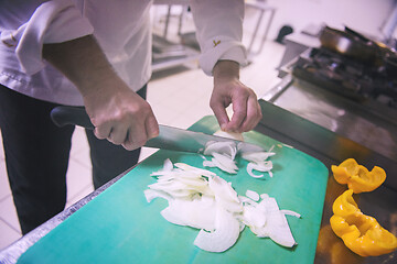 Image showing Chef hands cutting fresh and delicious vegetables