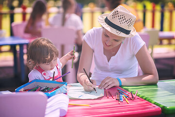 Image showing mom and little daughter drawing a colorful pictures