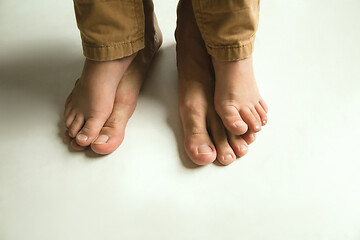 Image showing Family\'s legs on white studio background, dad and son