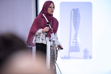 Image showing Muslim businesswoman giving presentations at conference room