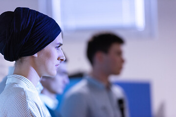 Image showing Muslim businesswoman giving presentations at conference room