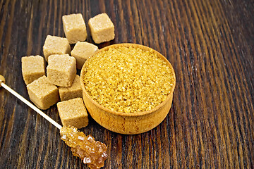 Image showing Sugar brown in bowl on wooden board