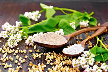 Image showing Flour buckwheat brown and green in spoons on dark board