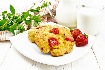 Image showing Scones with strawberry in plate on white board