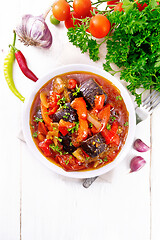 Image showing Ragout vegetable with eggplant on light board top