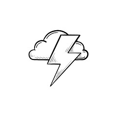 Image showing Cloud and lightning bolt hand drawn outline doodle icon.