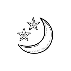 Image showing Crescent moon and stars hand drawn outline doodle icon.