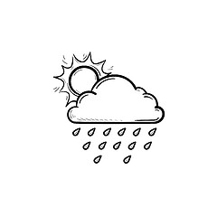 Image showing Sun with raincloud hand drawn outline doodle icon.