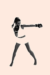 Image showing Fit beautiful woman with the boxing gloves, creative collage