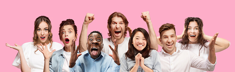 Image showing Half-length close up portrait of young people on pink background.