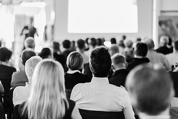 Image showing Speaker giving a talk in conference hall at business meeting event. Rear view of unrecognizable people in audience at the conference hall.