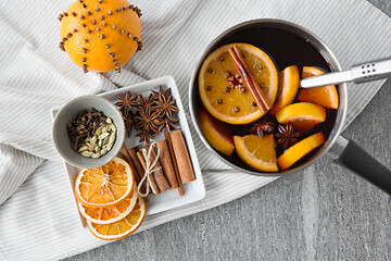 Image showing pot with hot mulled wine, orange slices and spices