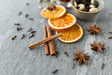 Image showing cinnamon sticks, dry orange slices and star anise