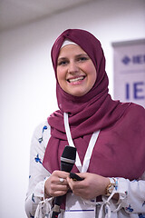 Image showing Muslim businesswoman giving presentations at conference room