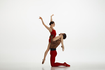 Image showing Young graceful couple of ballet dancers dancing on white studio background