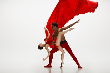 Image showing Young graceful couple of ballet dancers dancing on white studio background