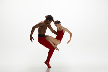 Image showing Young graceful couple of ballet dancers dancing on white studio background