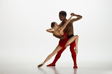 Image showing Young graceful couple of ballet dancers dancing on white studio background