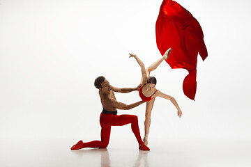 Image showing Young graceful couple of ballet dancers dancing on white studio background