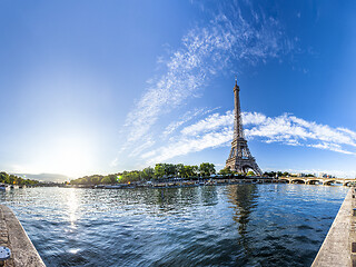 Image showing Panorama of the Eiffel Tower and riverside of the Seine in Paris