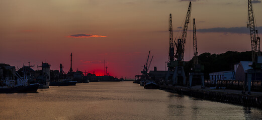 Image showing Sea port silhouette in the sunset, Liepaja, Latvia