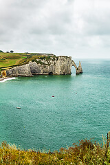 Image showing Panorama of natural chalk cliffs of Etretat