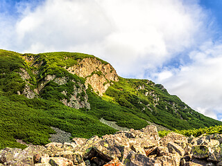 Image showing Polish Tatra mountains summer landscape with blue sky and white clouds.