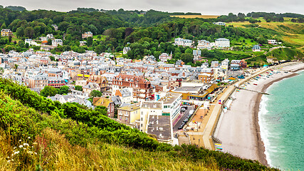 Image showing Panorama of natural chalk cliffs of Etretat