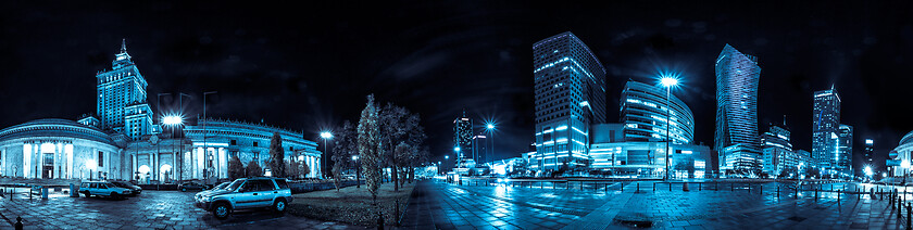 Image showing Night skyline of Warsaw with soviet era and modern skyscrapers. 