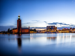 Image showing Stockholm sunset skyline panorama with City Hall